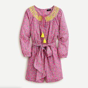 J.CREW Embroidered Romper in Pink Vines Block Print Long Sleeve Belt Size 2